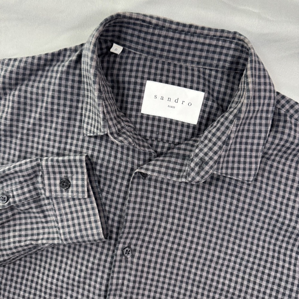 Sandro Paris Plaid Long Sleeve Button Down Shirt Men's S Black Gray Gingham